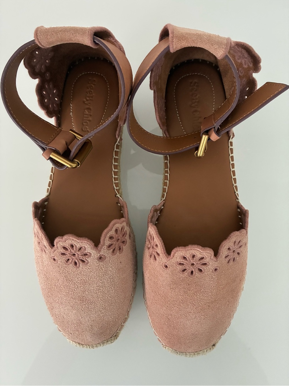 See By Chloé Pink Suede Floral Scallop Espadrille Sandals